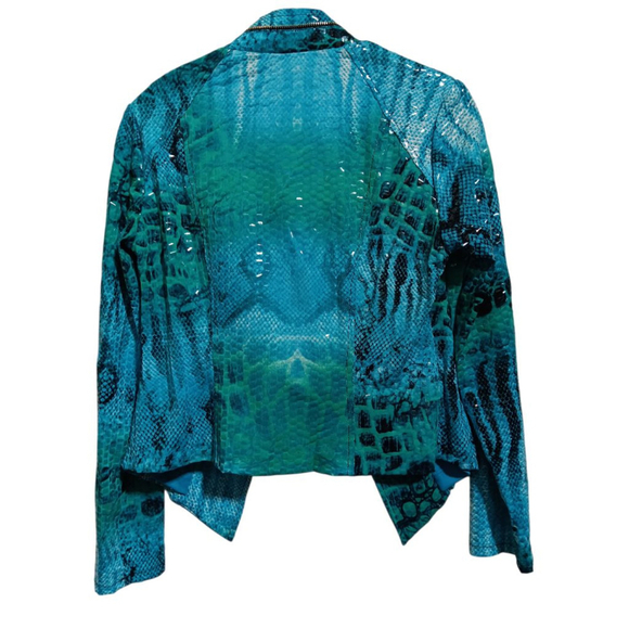 Frank Lyman Design Turquoise Python Snake Print Open Front Moto Jacket Gold Zips - Picture 6 of 14